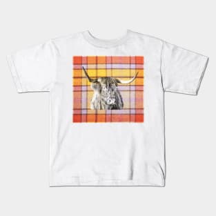 Tartan Highland Cow in Black and White Kids T-Shirt